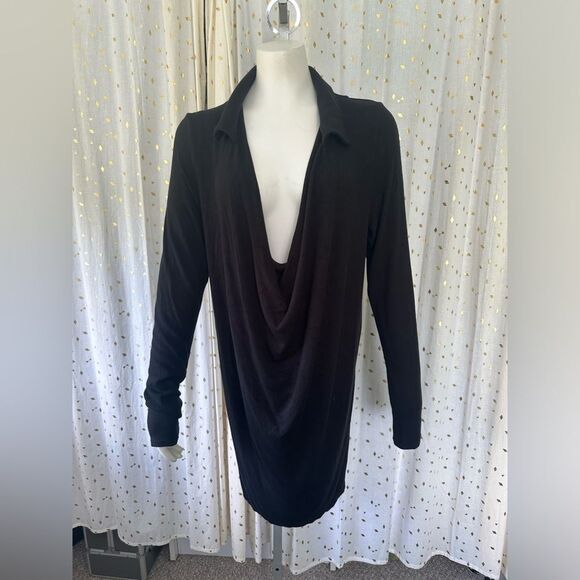 Free People Plunge Low Collar Neckline Knit Sweater Classic Black Midi Dress L - Picture 2 of 4